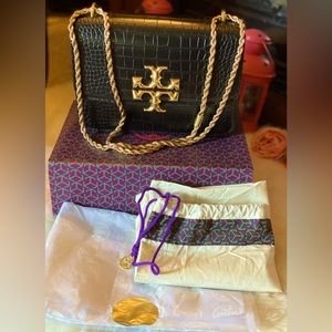 ✅Tory Burch Black Croc Eleanor Medium Convertible Shoulder Bag